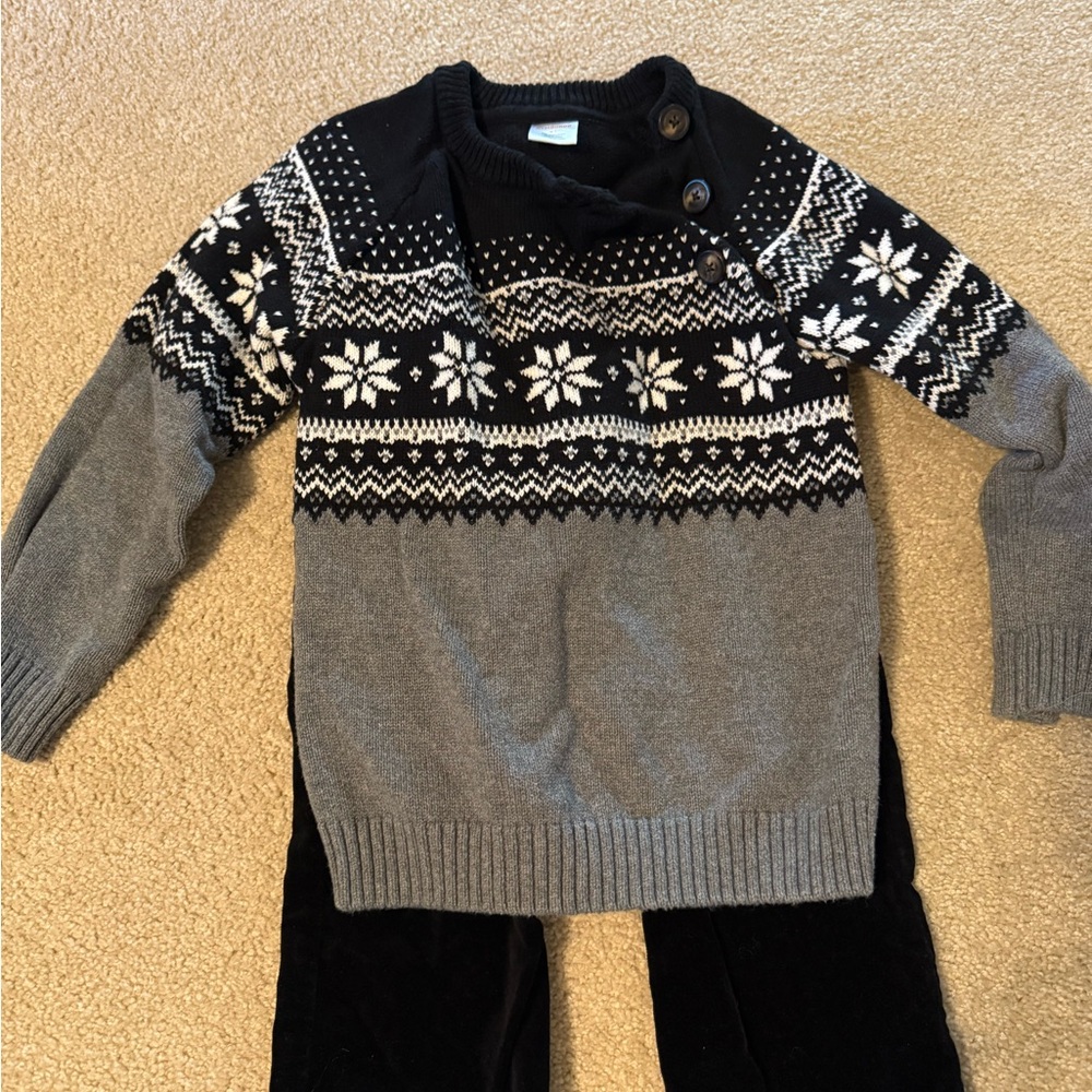 Black and Gray Snowflake Sweater and velvet black pants